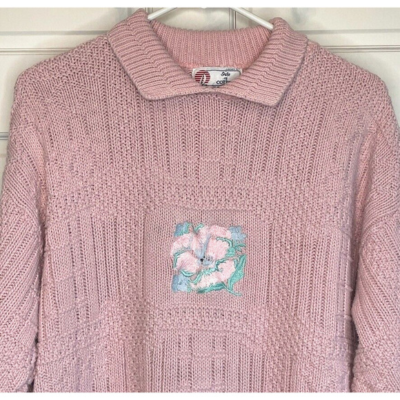 Vintage Isle of Cotton Sweater Women's L Pullover Embroidered Soft Pink Floral - Picture 11 of 12
